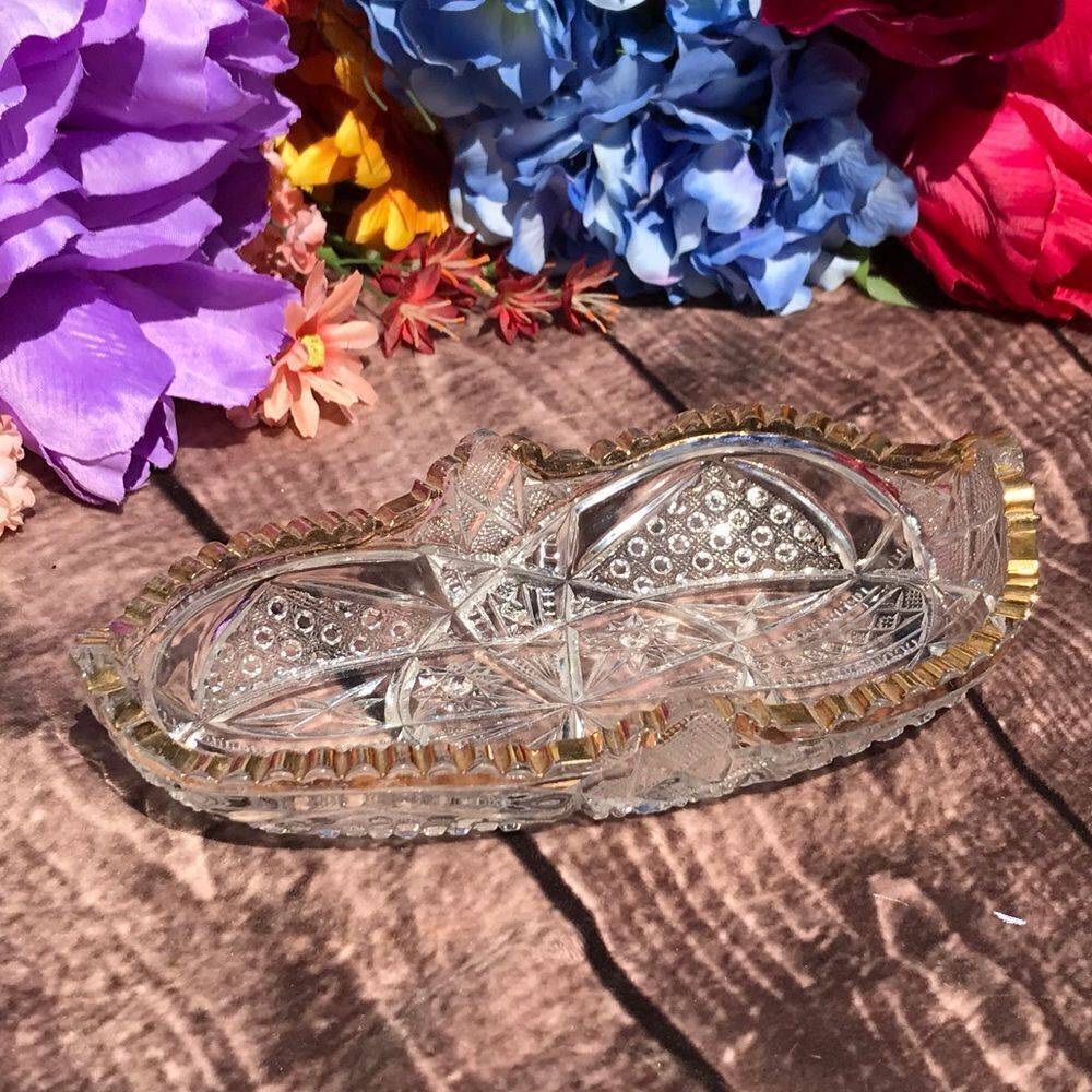 Vintage Cut Glass‎ Saw tooth Edge Celery Dish